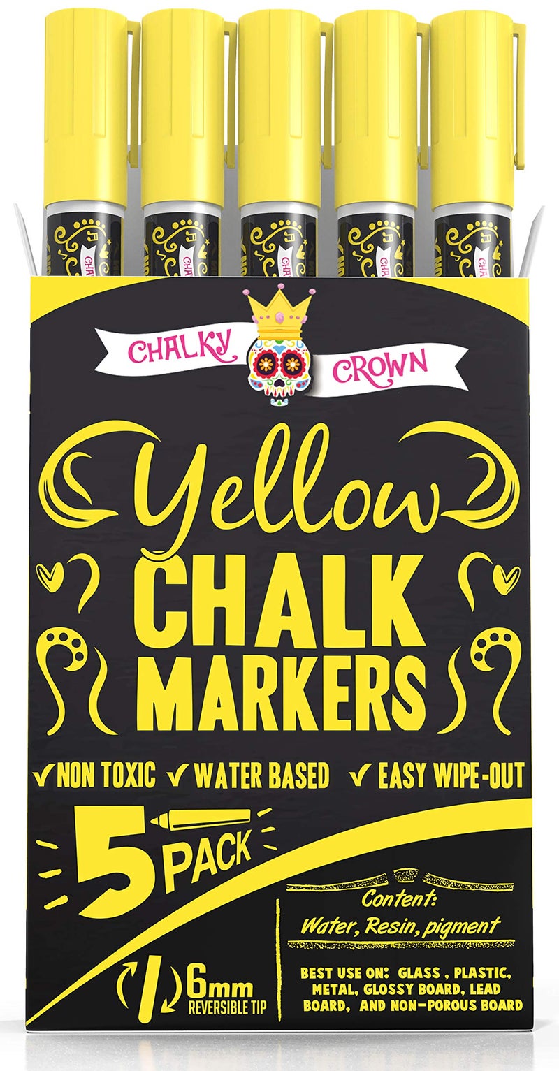 CHALKY CROWN قلم ماركر سائل تشالكي كراون - قلم مسح جاف - أقلام تشالك لعلامات السبورة، النوافذ، السبورة السوداء، الزجاج - طرف قابل للعكس 6 مم (أصفر، 5 عبوات) - Image 1